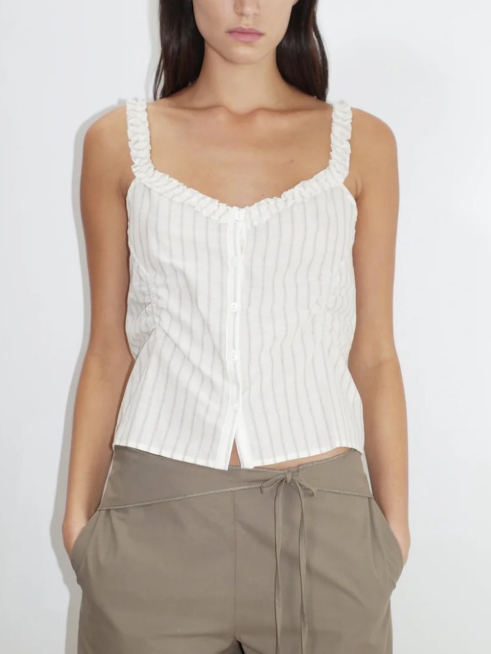 Deiji Studios Ruffle Button Top in Raquette Stripe NWT